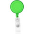 A round badge holder in bright green with a clear strap and a metallic clip at the bottom.
