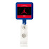 A blue rectangle badge holder with a clear clip and a logo in the centre featuring a red and black design.
