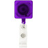 A rectangular badge holder in vibrant purple with a clear retractable strap. It features a circular logo on top.
