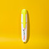 A highlighter in white and bright yellow, featuring a branding logo on its body, set against a yellow background.