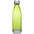 A drink bottle in a vibrant green colour with a silver cap and base, featuring a logo.