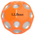 An orange high bounce ball with silver accents and a logo. It features cut-out holes and a round shape.