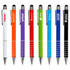 A collection of eight stylus pens in various colours, featuring different logos and chrome accents.
