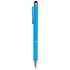 A blue stylus pen with a shiny silver trim and a clip, featuring a textured grip and a stylus tip.