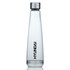 A drink bottle made of clear Tritan with a stainless steel cap and a branded logo on the side.
