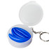 A blue reusable silicone straw in a transparent case with a keychain attachment.