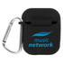A black earbud case with a carabiner, featuring a logo in blue.