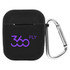 A black earbuds case with a carabiner, featuring a purple logo.