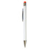 A white stylus pen with a silver clip and an orange top, featuring a logo on its body.