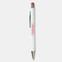 A white stylus pen with a red top and a sleek metallic clip, featuring a logo on the barrel.
