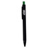 A black plastic pen with a green top and a logo on the barrel.