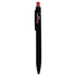 A black plastic pen with a red top and a logo on the side.