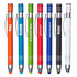 A set of eight metal pens in various colours, including orange, green, blue, red, black, and white, featuring clips and branding.