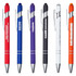 A selection of six metal pens in colours red, blue, purple, white, and orange, each with a clip and branding.