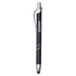 A black metal pen with a chrome clip and a branding logo, featuring a stylus tip for touch screens.