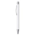 A white metal pen with a silver clip and tip, featuring a branding logo.