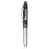 A stylus pen featuring a black barrel and chrome accents, with a logo on the side.