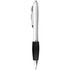 A silver pen with a black rubber grip and a silver clip, featuring a logo on the body.