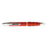 A red plastic pen with a silver clip and black polka dots, featuring a branding logo.