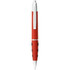 A red plastic pen with a silver clip and black grip. It features a logo on the body.