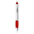 A metal pen with a shiny silver barrel and a red rubber grip. Includes a clip and has a logo.