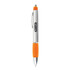 A silver and orange metal pen with a clip and branding on the barrel.