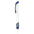 A plastic pen with a white body and blue accents, featuring a clip and a textured grip.