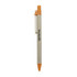 A pen with an orange tip and clip, featuring a natural-coloured body and a logo.