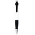 A plastic pen in white and black, featuring a clip and a shiny metal tip, with branding on it.