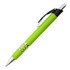 A green metal pen with a silver clip and decorative rings. The pen features a branded logo.