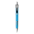 A metal pen in a bright blue hue, featuring a chrome clip and decorative silver rings. It has a branding logo.