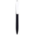 A black plastic pen with a glossy white detailing and a smooth design, featuring a logo on the barrel.
