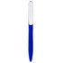 A blue plastic pen with a white clip and a sleek design, featuring a logo on the clip.