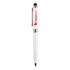 A stylus pen in white with a sleek design and a branding logo. It features a black rubber tip for touchscreen use.