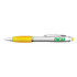 A silver stylus pen with a yellow grip and a clip. The pen features a branding logo.