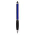 A blue stylus pen with a black rubber grip and a silver accent. Features a logo on the body.