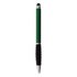 A green stylus pen with a black rubber grip and a shiny silver tip, featuring a logo.