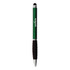 A green stylus pen with a silver tip and black grip, featuring a logo on its barrel.