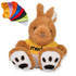 A plush kangaroo toy in brown with a yellow shirt and black branding, accompanied by colourful fabric accessories.