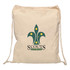 A calico drawstring bag in cream colour featuring a green logo with a fleur-de-lis and stars.