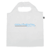 A white recycled PET bag with a logo, featuring dual handles for easy carrying.