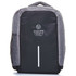 A grey and black backpack with a logo, featuring a sleek design and zippered compartments.