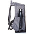 A grey backpack with a water bottle in a side pocket, featuring mesh and zippers. It also has a logo.