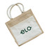 A jute tote bag featuring a natural beige and white design, with handles and a logo on the front.