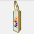 A jute wine bag in natural brown with a white panel and a distinctive logo. It features two sturdy handles.