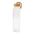 A drink bottle with a clear body and bamboo lid, featuring a rope handle for easy carrying.