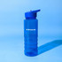 A drink bottle in transparent blue Tritan with a blue lid and a branding logo.