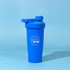 A drink bottle in vibrant blue with a screw-on lid and a small spout, featuring a logo.