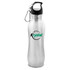 A drink bottle made of stainless steel featuring a black lid and a detachable clip. It has a logo on the surface.