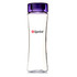 A drink bottle with a clear body and a purple lid, featuring a logo on the side.